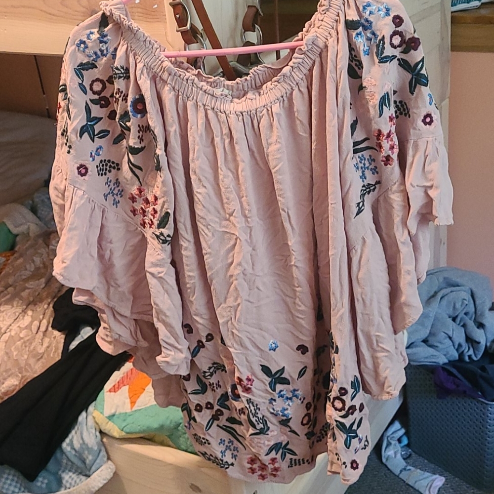 Off the shoulder pink dress with floral pattern